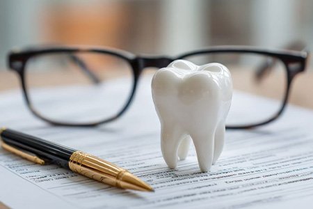 Pen, eyeglasses, and tooth model on top of insurance document